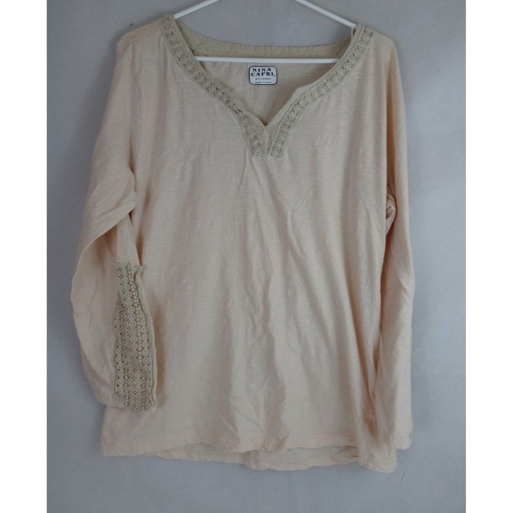 Nina Capri Women's Peach Blouse With Embroidered Neckline & Sleeves Size 2XL